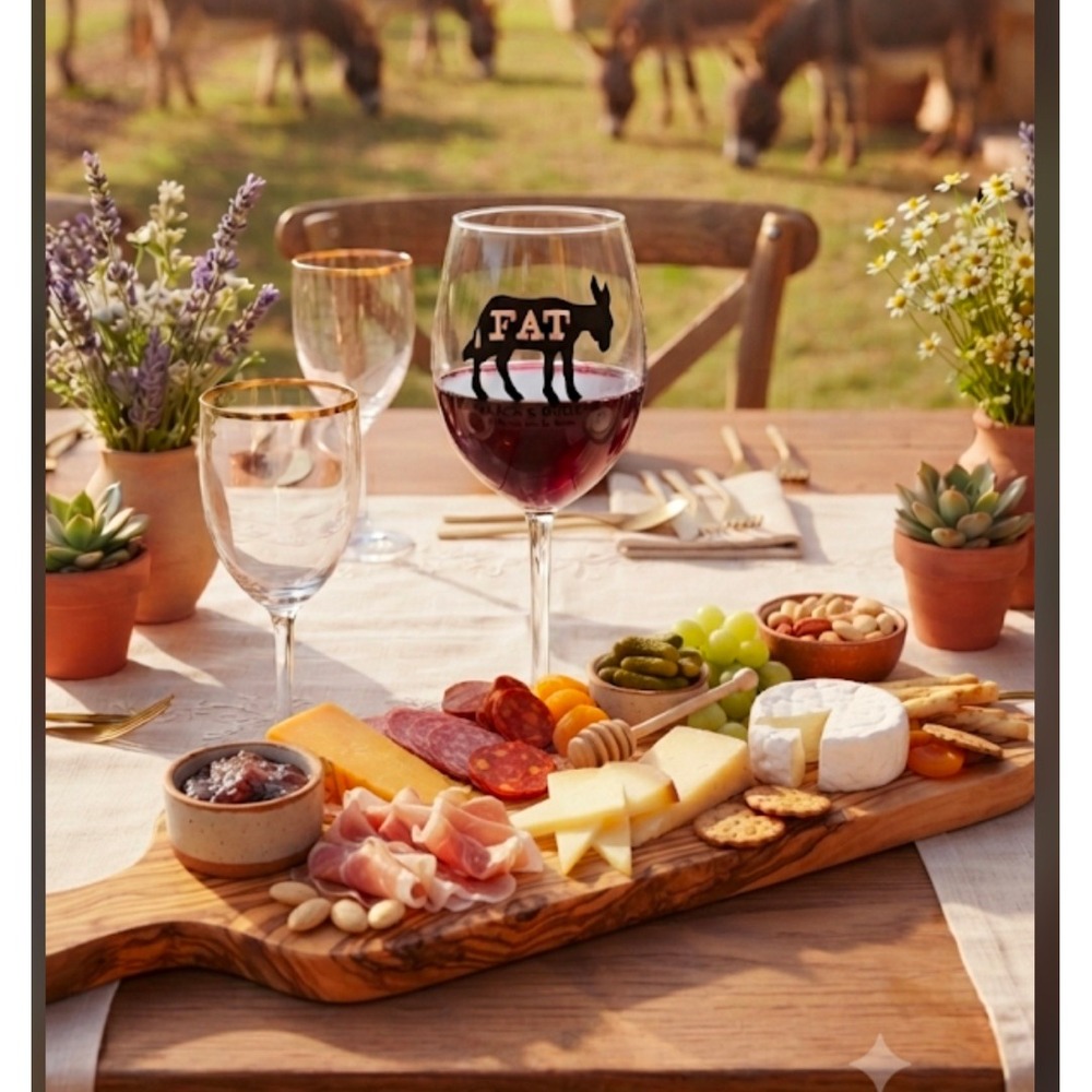 Fat Ass Ranch & Winery Wine Glass Fredericksburg Texas Donkey Logo Stemmed Glass
